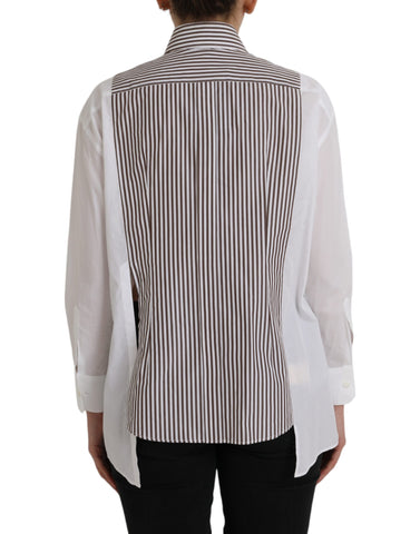 White cotton long sleeve top with ruffle collar and red stripe details, by Dolce & Gabbana.