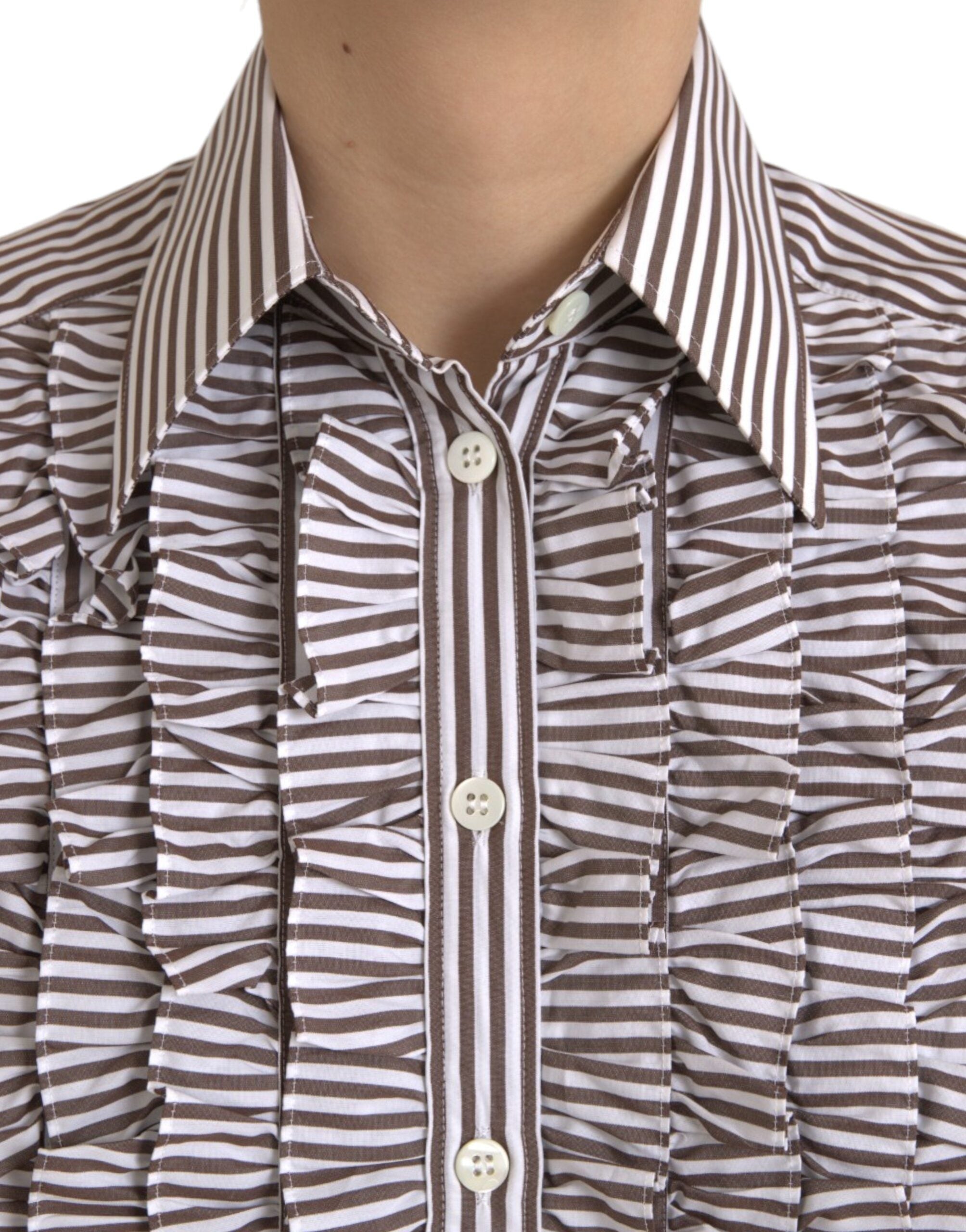 White cotton long sleeve top with ruffle collar and black stripe pattern by Dolce & Gabbana.