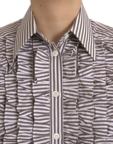 White cotton long sleeve top with ruffle collar and black stripe pattern by Dolce & Gabbana.