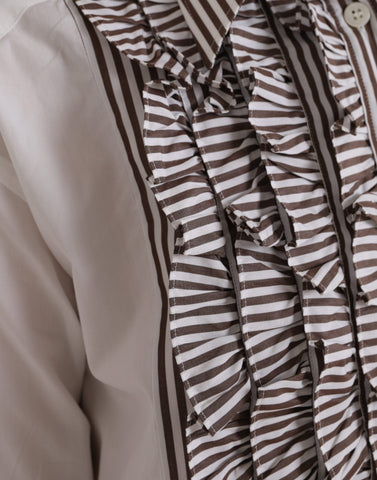 White cotton long sleeve top with ruffle collar and red stripe detail, by Dolce & Gabbana.