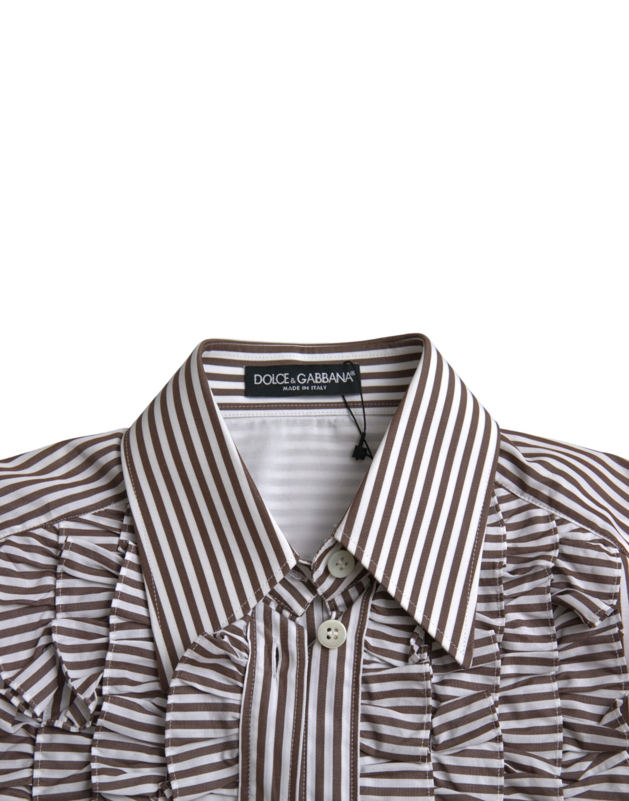 White cotton long sleeve top with ruffle collar and red stripe detail, by Dolce & Gabbana.