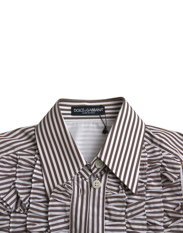 White cotton long sleeve top with ruffle collar and red stripe detail, by Dolce & Gabbana.
