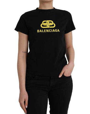 Black cotton crew neck T-shirt with Balenciaga logo print and short sleeves, casual and stylish men's clothing.