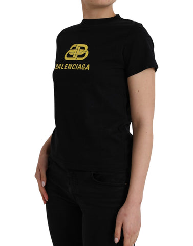 Black cotton Balenciaga T-shirt with logo print, crew neck, short sleeves, casual fit, modern streetwear style.