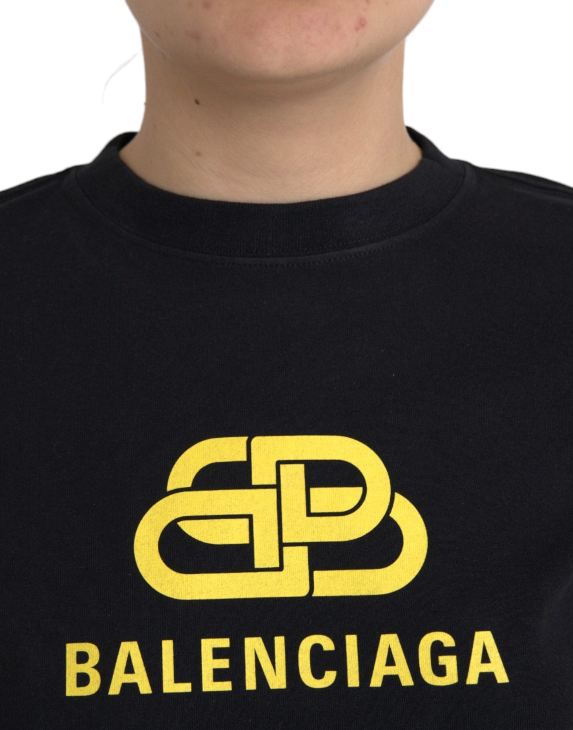 Black cotton Balenciaga crew neck T-shirt with logo print and short sleeves, casual and stylish for everyday wear.