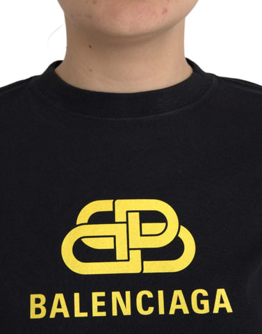 Black cotton Balenciaga crew neck T-shirt with logo print and short sleeves, casual and stylish for everyday wear.
