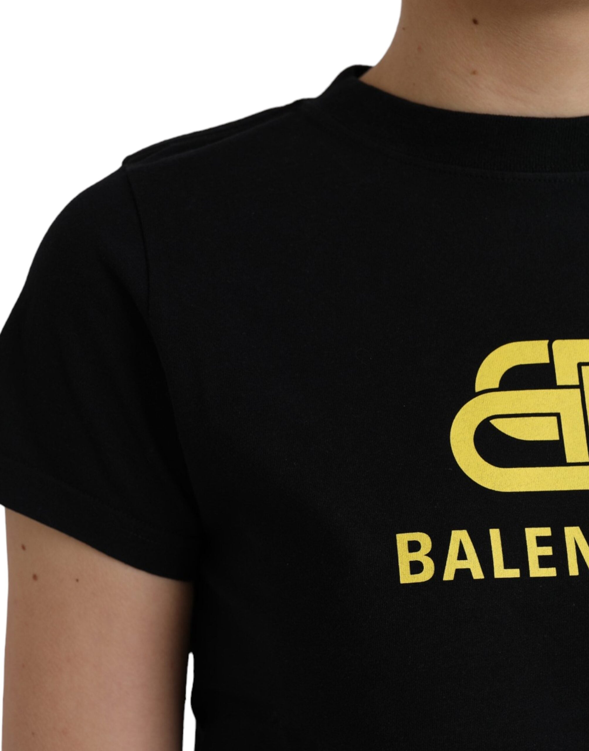 Black cotton Balenciaga crew neck T-shirt with logo print and short sleeves, casual and stylish for everyday wear.