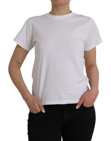White Balenciaga cotton crew neck T-shirt with short sleeves, showcasing a simple, clean design on a plain background.