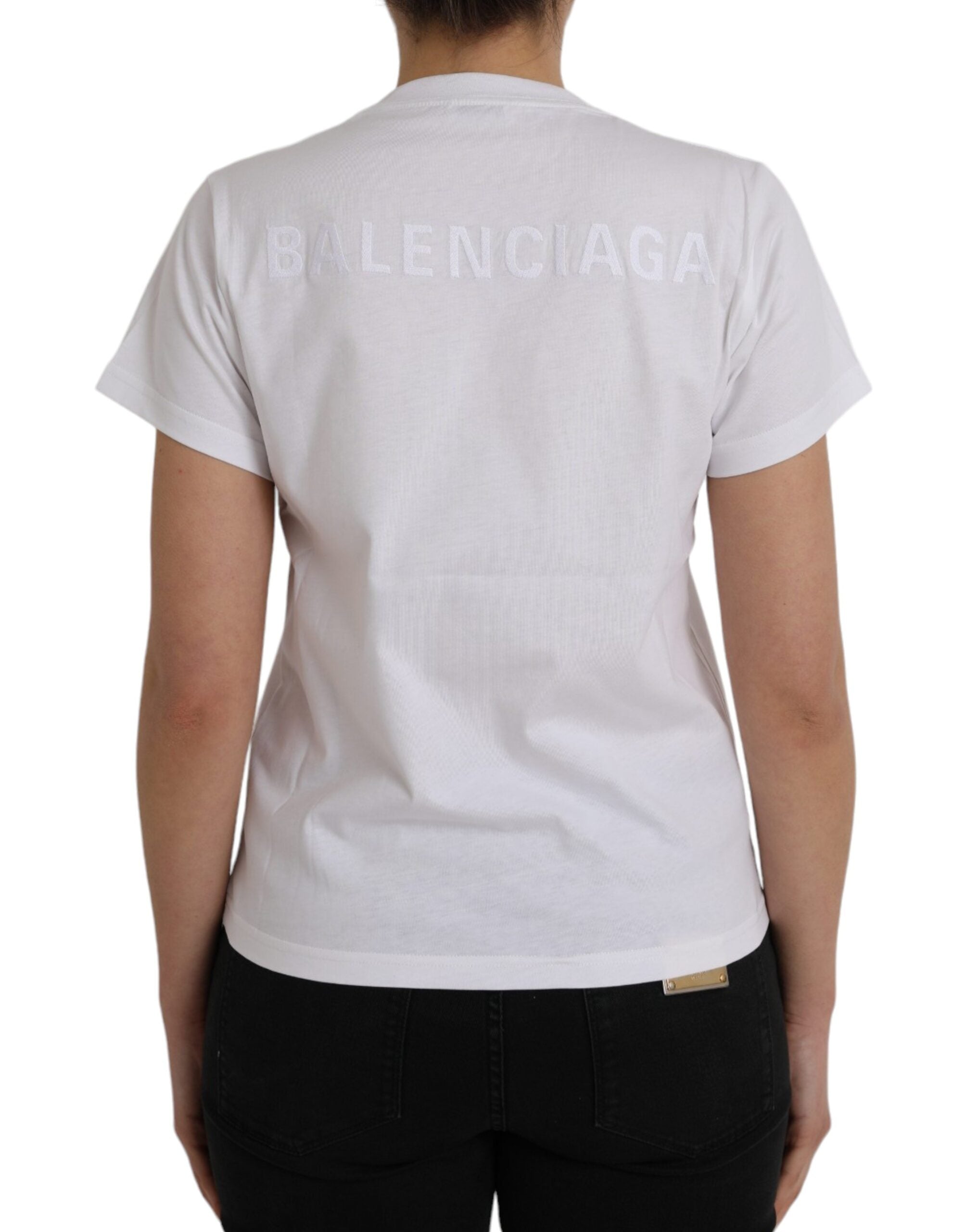 White cotton crew neck short-sleeve T-shirt by Balenciaga, casual fit, plain design, and soft fabric.