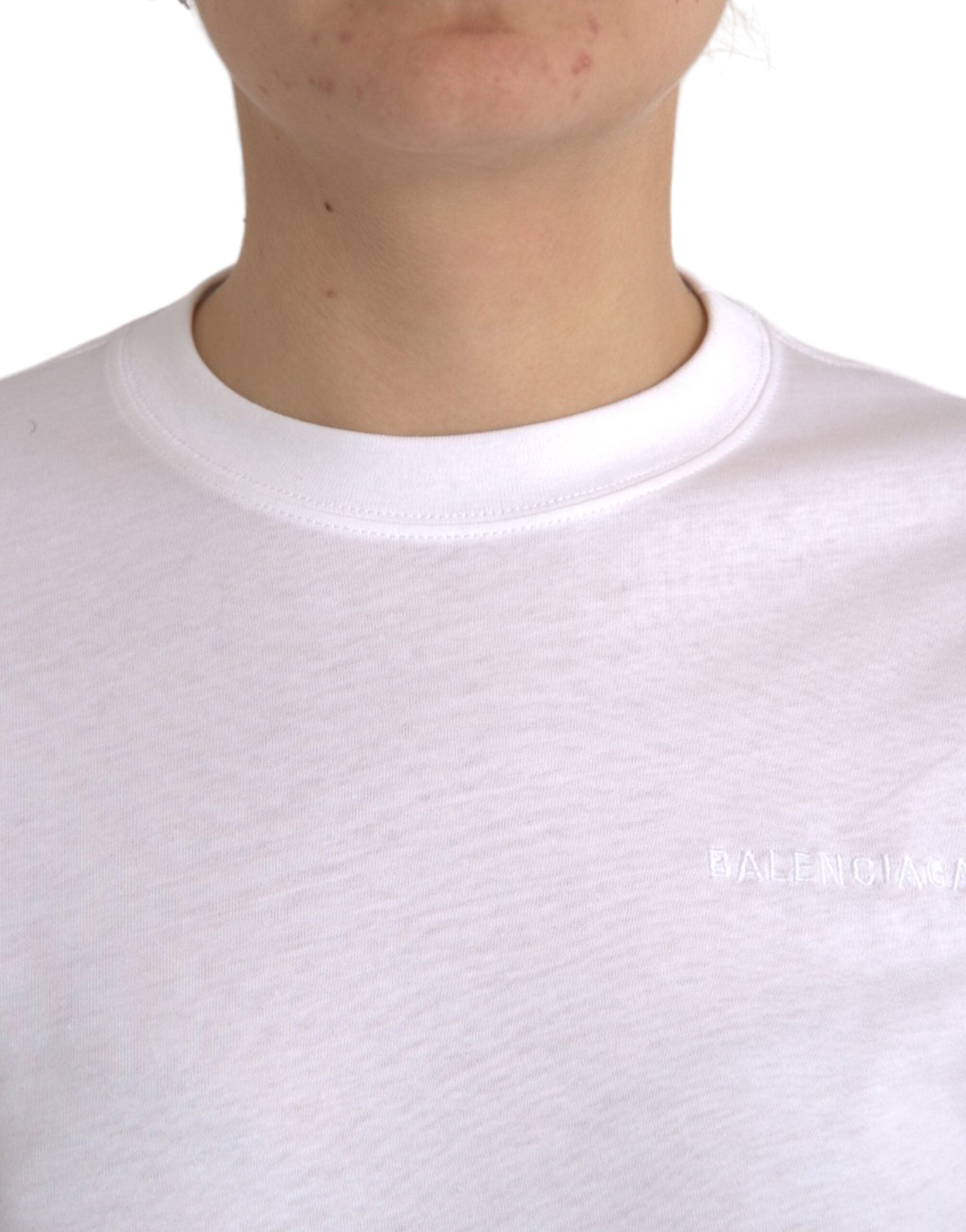 Balenciaga white cotton crew neck short sleeve T-shirt displayed on a plain background.