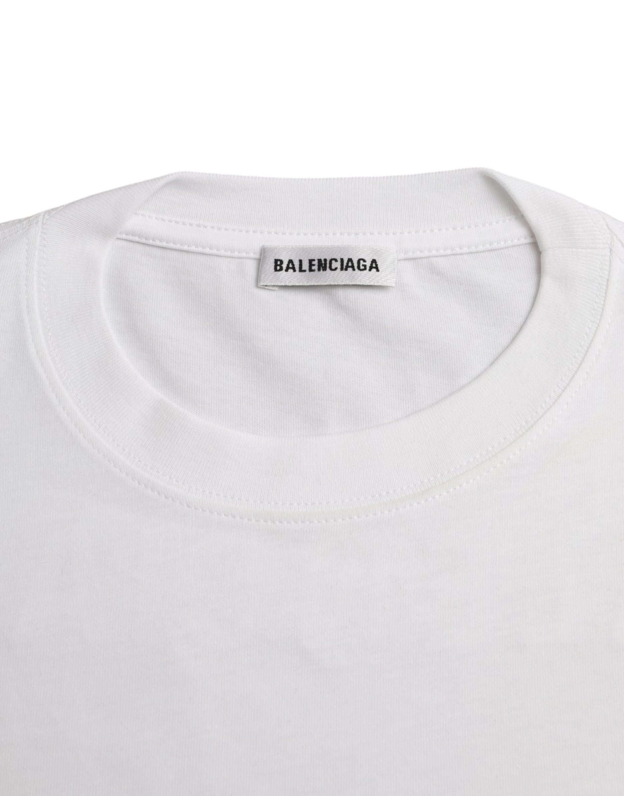 Balenciaga white cotton crew neck short sleeve T-shirt displayed on a plain background.