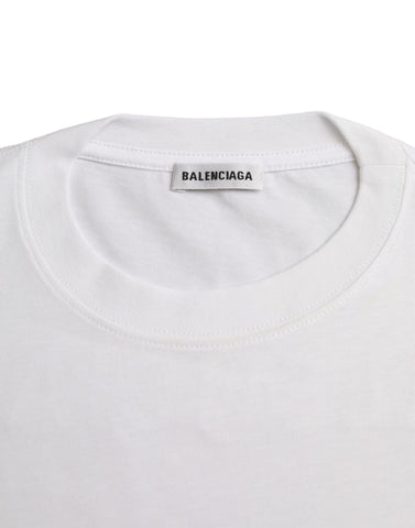 Balenciaga white cotton crew neck short sleeve T-shirt displayed on a plain background.