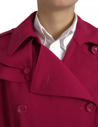Dark pink Dolce & Gabbana double-breasted trench coat jacket with wide collar and belted waist, stylish outerwear for women.