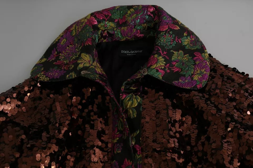 Multicolor sequined jacquard long coat jacket by Dolce & Gabbana featuring vibrant shimmering embellishments and intricate woven patterns.