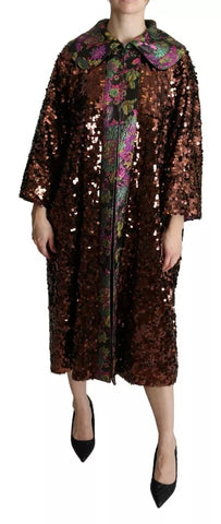 Multicolor sequined jacquard long coat jacket by Dolce & Gabbana with intricate pattern and luxurious fabric.