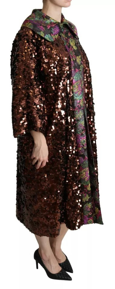 Multicolor sequined jacquard long coat jacket by Dolce & Gabbana featuring vibrant shimmering patterns and tailored fit.