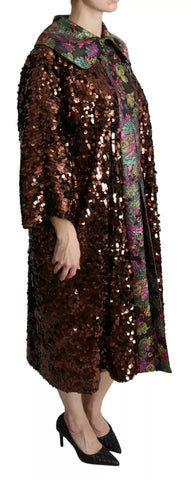 Multicolor sequined jacquard long coat jacket by Dolce & Gabbana featuring vibrant shimmering patterns and tailored fit.