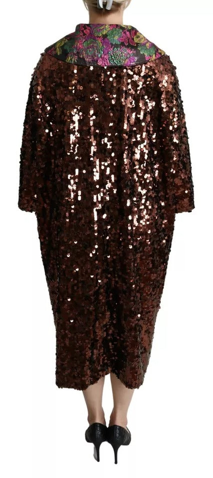 Multicolor sequined long coat jaquard jacket by Dolce & Gabbana with intricate floral patterns and shimmering embellishments.