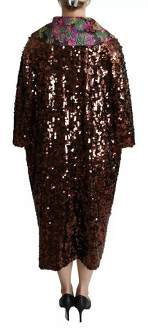 Multicolor sequined long coat jaquard jacket by Dolce & Gabbana with intricate floral patterns and shimmering embellishments.