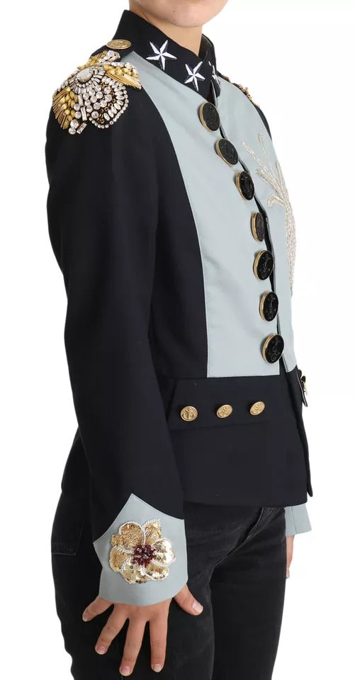 Blue cotton jacket by Dolce & Gabbana with crystal-embellished buttons and stylish design.