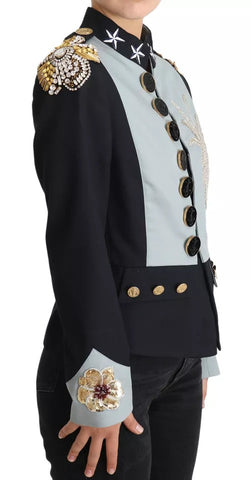Blue cotton jacket by Dolce & Gabbana with crystal-embellished buttons and stylish design.
