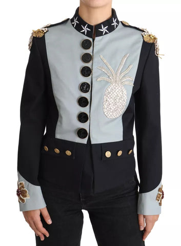 Blue cotton jacket by Dolce & Gabbana with crystal-button embellishments and stylish design.