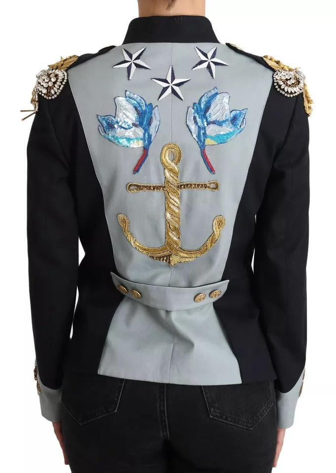 Blue cotton jacket by Dolce & Gabbana with crystal-embellished blue buttons and a tailored fit.