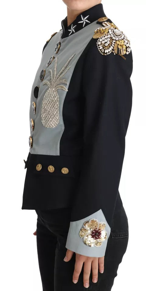 Blue cotton jacket by Dolce & Gabbana with crystal button embellishments and stylish design.