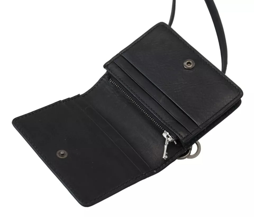 Black leather bifold shoulder sling wallet for women by Dolce & Gabbana, featuring multiple card slots and compact design.