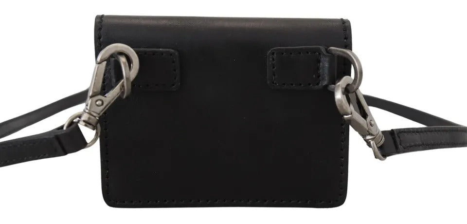 Black leather bifold shoulder sling wallet for women by Dolce & Gabbana, featuring compact design and multiple card slots.