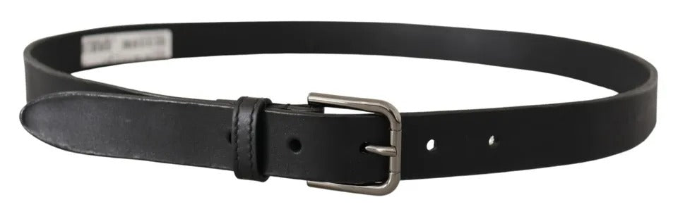 Black calf leather belt with classic metal logo buckle from Dolce & Gabbana, featuring sleek design and smooth finish.