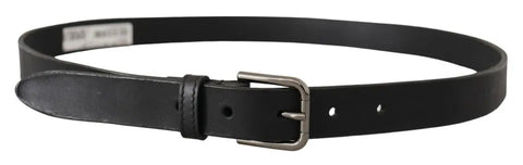 Black calf leather belt with classic metal logo buckle from Dolce & Gabbana, featuring sleek design and smooth finish.