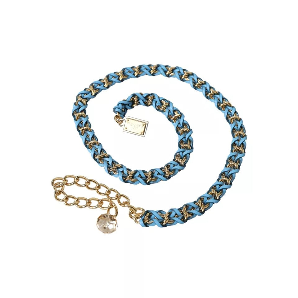 Blue braided gold brass chain waist belt with adjustable strap, stylish accessory from Dolce & Gabbana.