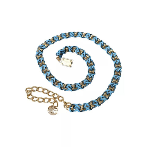 Blue braided gold brass chain waist belt with adjustable strap, stylish accessory from Dolce & Gabbana.