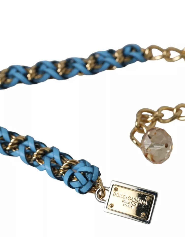 Blue braided gold brass chain waist belt with intricate detailing, designed by Dolce & Gabbana.