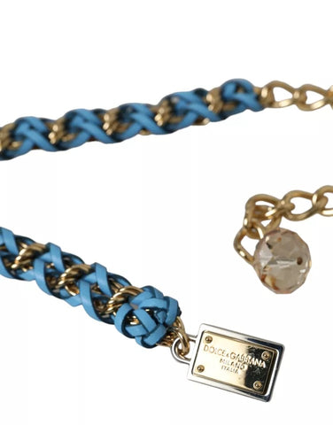 Blue braided gold brass chain waist belt with intricate detailing, designed by Dolce & Gabbana.