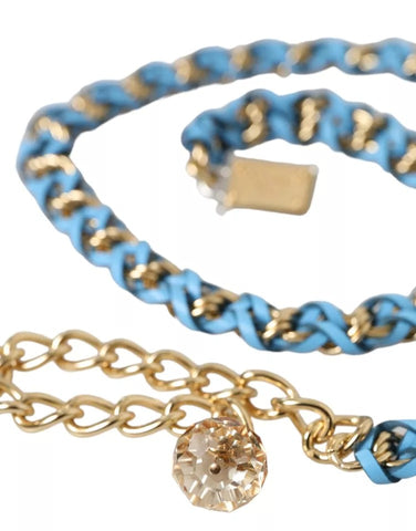 Blue braided gold brass chain waist belt with Dolce & Gabbana branding, featuring intricate braided design and metallic finish.