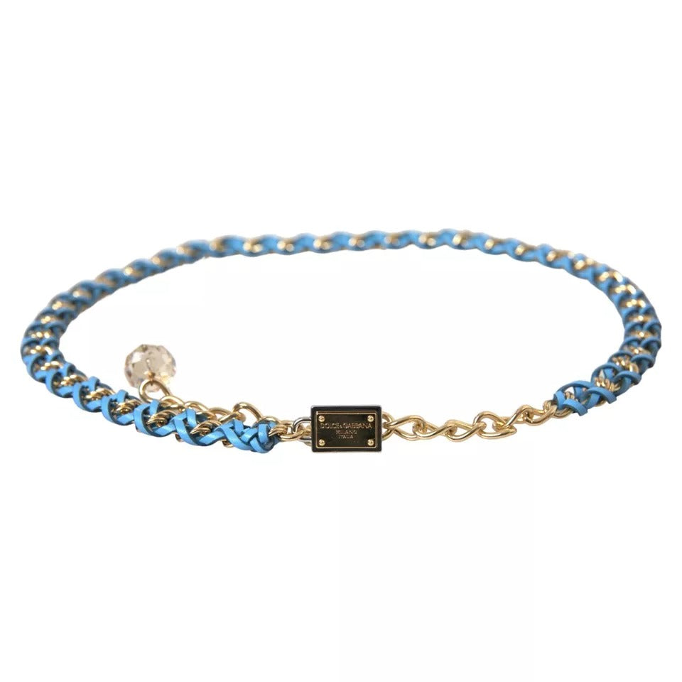 Blue braided gold brass chain waist belt by Dolce & Gabbana, featuring intricate braided design and metallic gold finish.