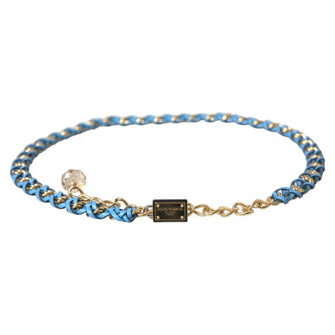 Blue braided gold brass chain waist belt with D&G branding, featuring intricate woven design and adjustable fit.