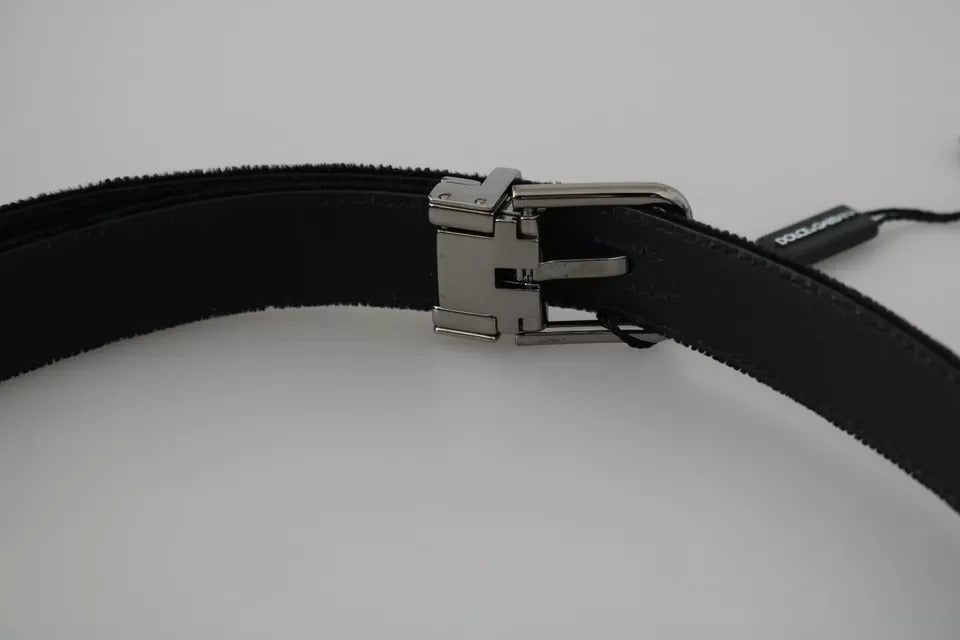 Black velvet leather belt with silver buckle from Dolce & Gabbana, featuring a sleek and stylish design.