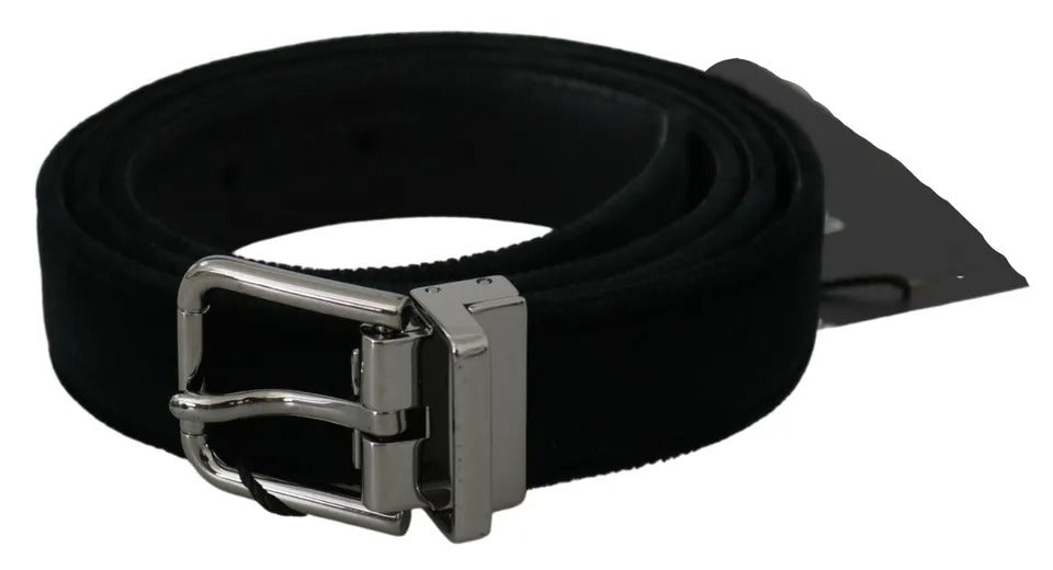 Black velvet leather belt with silver buckle from Dolce & Gabbana, featuring a sleek and stylish design.