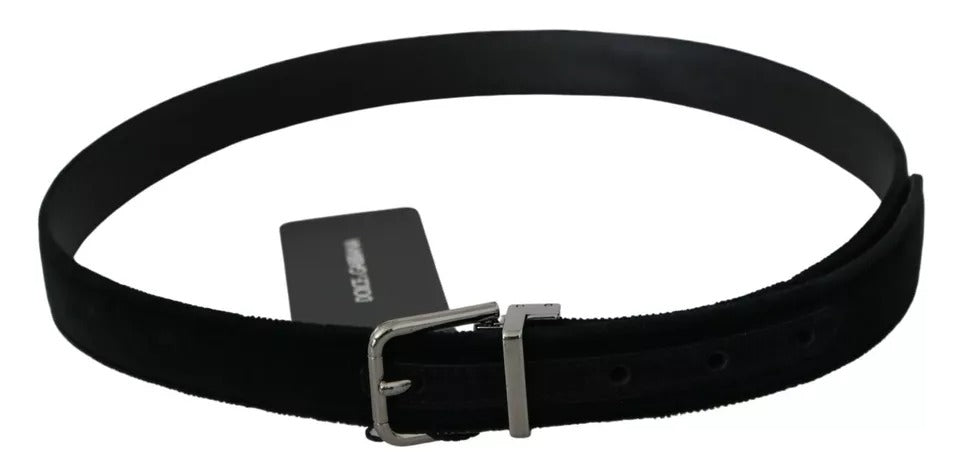 Black velvet leather belt with silver buckle from Dolce & Gabbana, featuring a sleek, stylish design and silver-tone hardware.