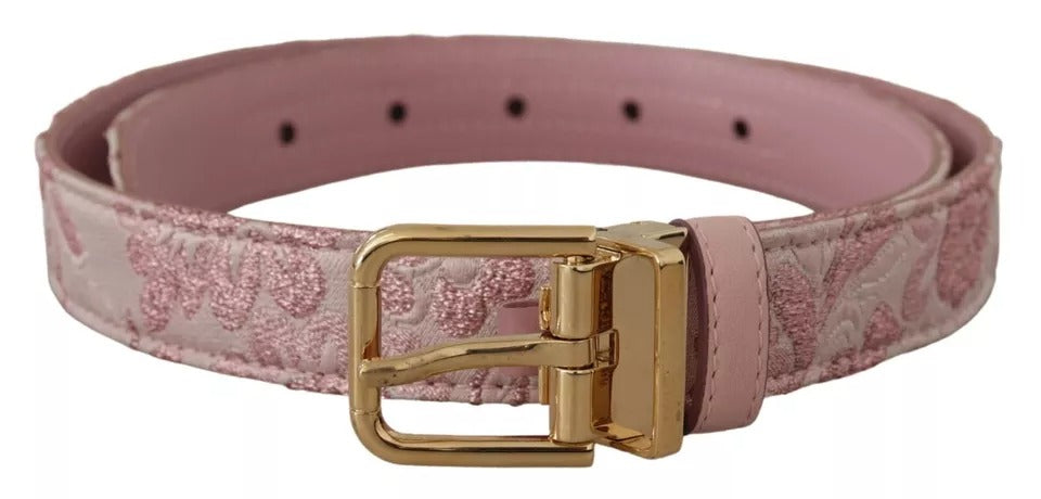 Pink jacquard embroidered belt with gold-tone metal buckle from Dolce & Gabbana, showcasing detailed floral embroidery and elegant design.
