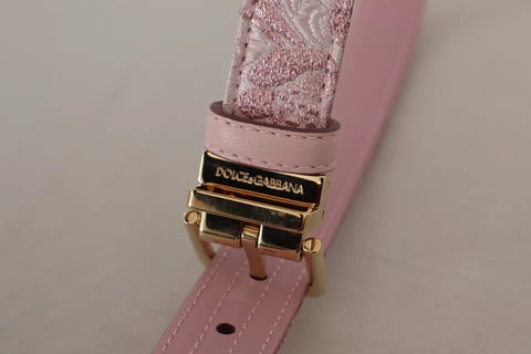 Pink jacquard embroidered belt with gold-tone metal buckle from Dolce & Gabbana, featuring intricate floral embroidery and elegant design.