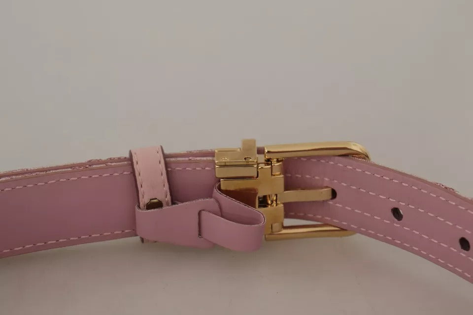 Pink jacquard embroidered belt with gold-tone metal buckle by Dolce & Gabbana, featuring intricate floral embroidery and elegant design.