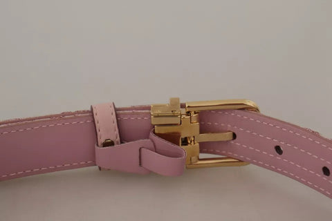 Pink jacquard embroidered belt with gold-tone metal buckle by Dolce & Gabbana, featuring intricate floral embroidery and elegant design.