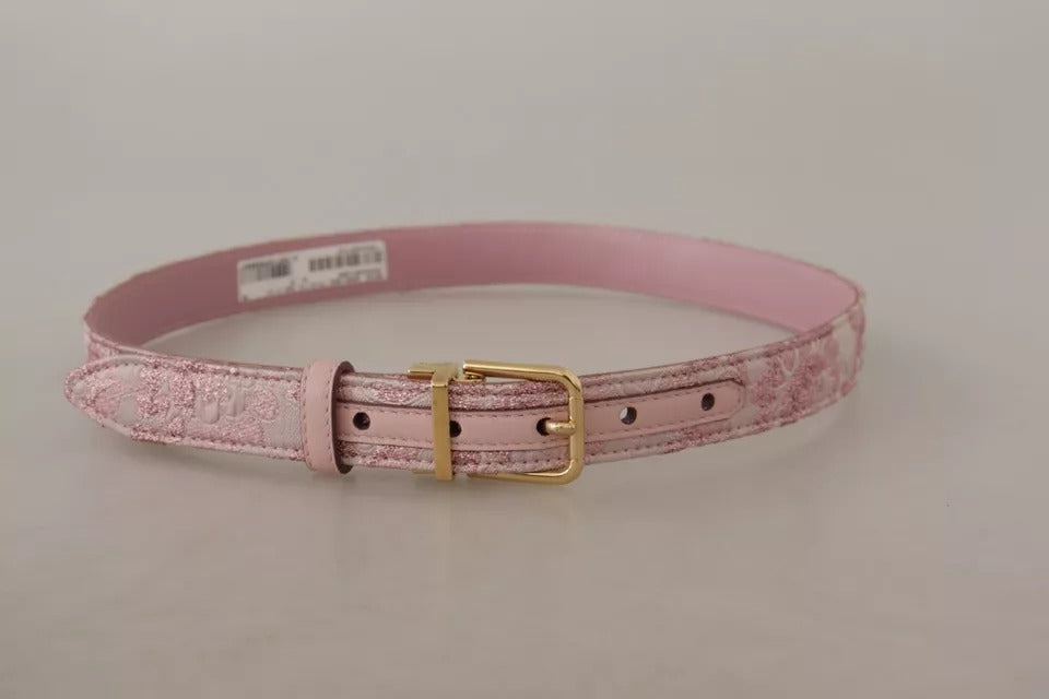 Pink jacquard embroidered belt with a gold-tone metal buckle from Dolce & Gabbana, showcasing intricate embroidery and elegant design.