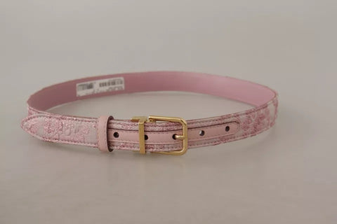 Pink jacquard embroidered belt with a gold-tone metal buckle from Dolce & Gabbana, showcasing intricate embroidery and elegant design.