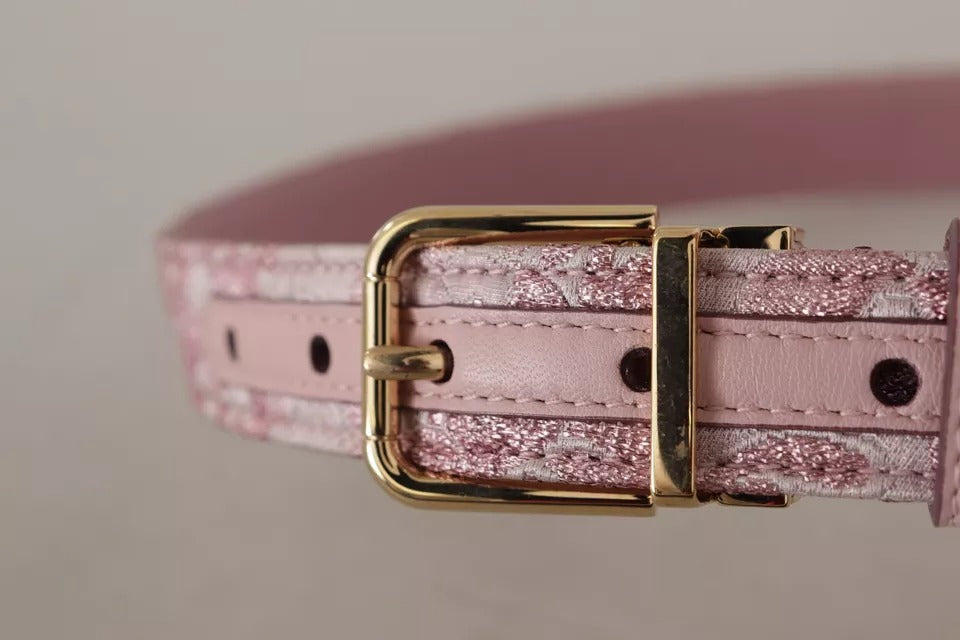 Pink jacquard embroidered belt with gold-tone metal buckle from Dolce & Gabbana.
