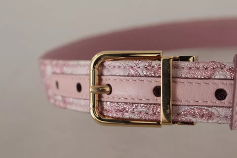 Pink jacquard embroidered belt with gold-tone metal buckle from Dolce & Gabbana.